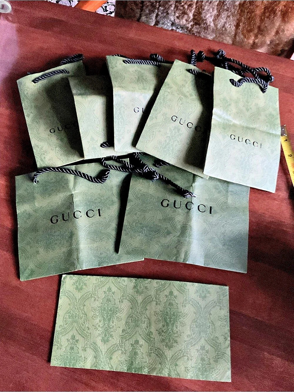 Gucci Green Damask Paper Shopping Bags and Receipt Envelope Set 8 pieces